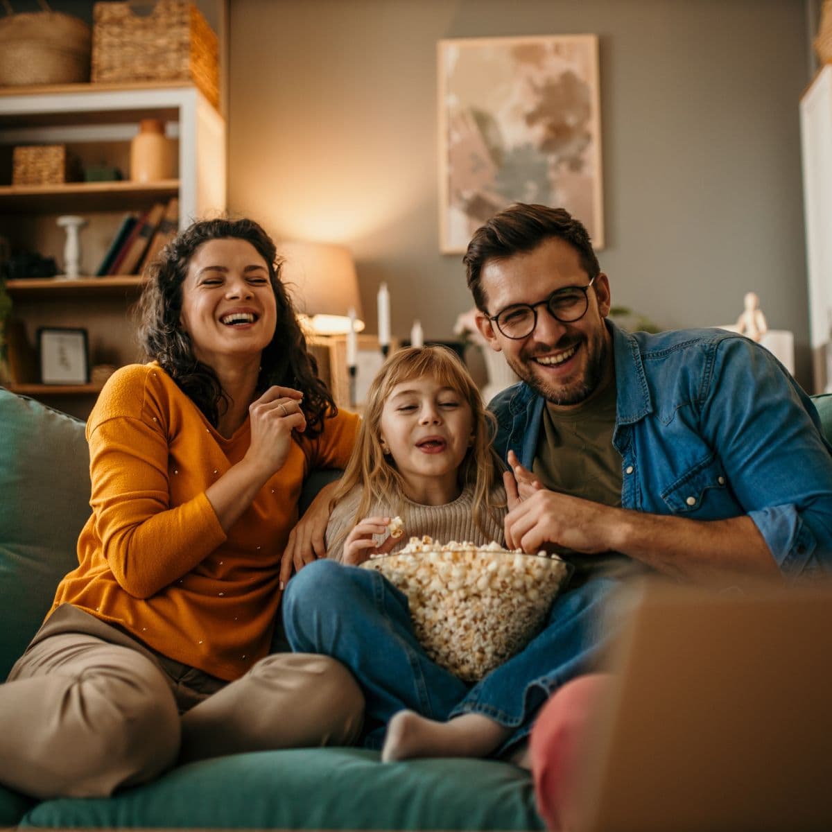 Happy family of three enjoying popcorn and watching TV together on a couch in a warm, cozy living room.