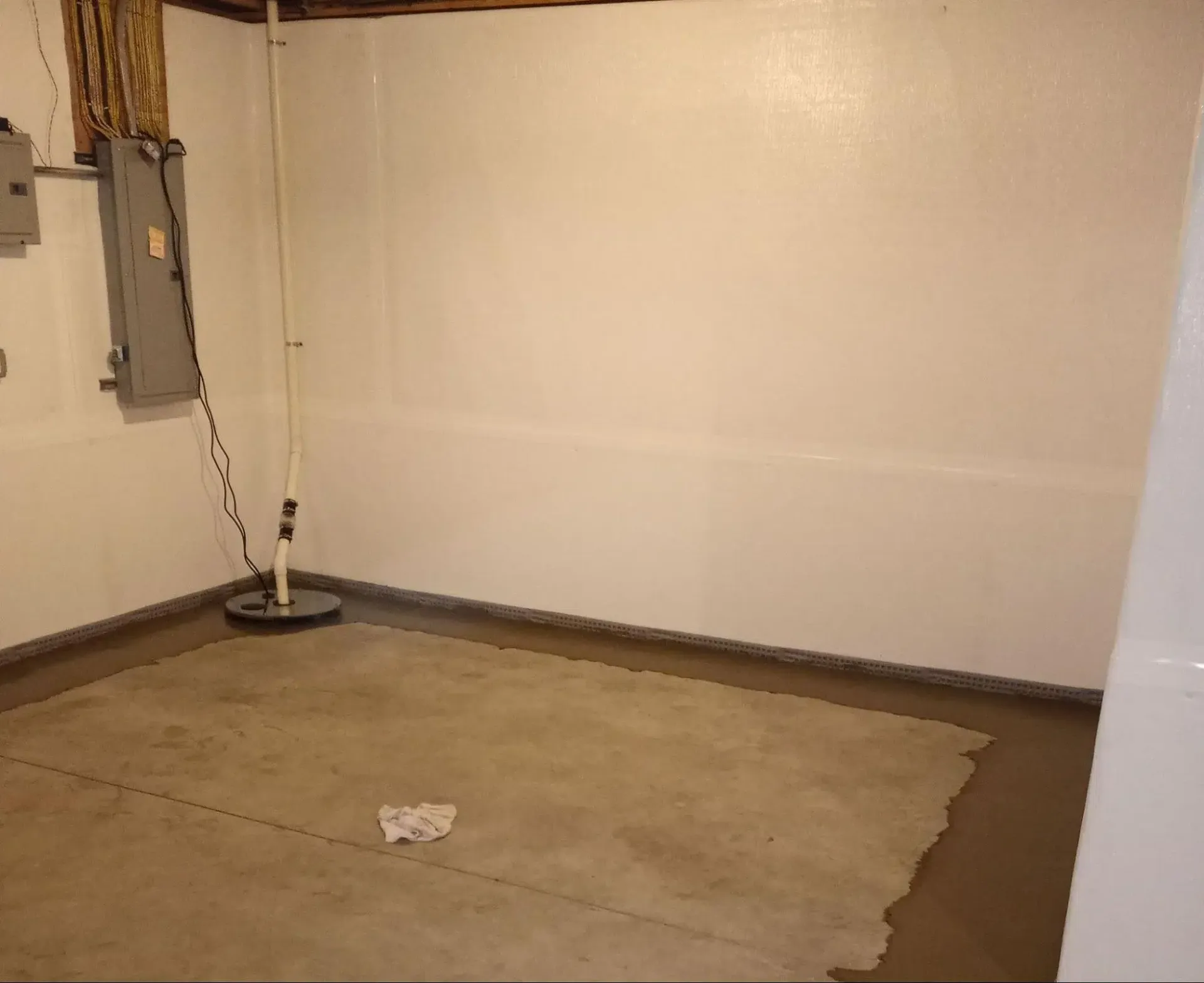 Unfinished basement room with concrete floor, cream-colored walls, electrical panel, and sump pump system in corner.