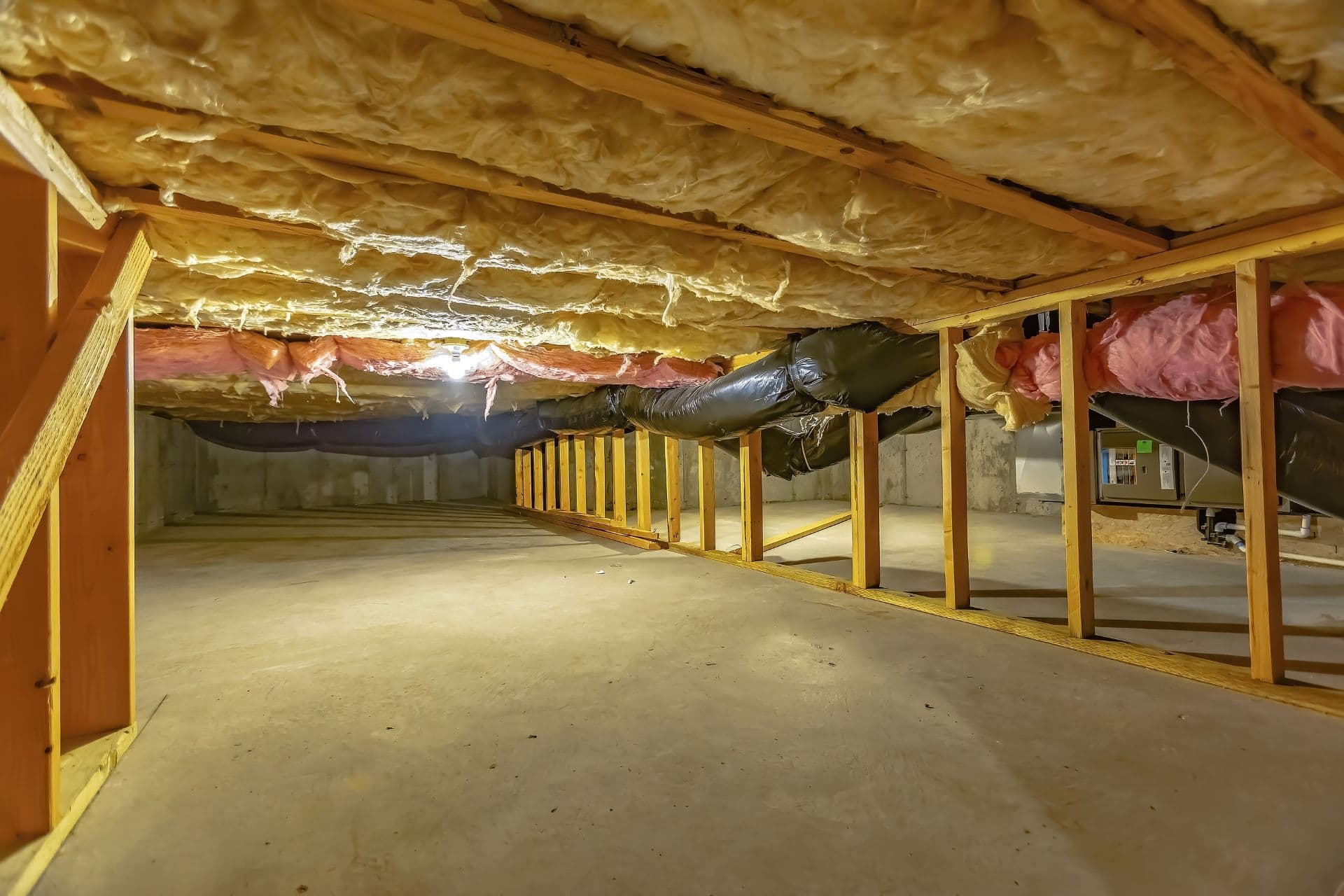 Crawl space under a house with exposed wooden joists, insulation batts, and vapor barrier installed between floor beams.