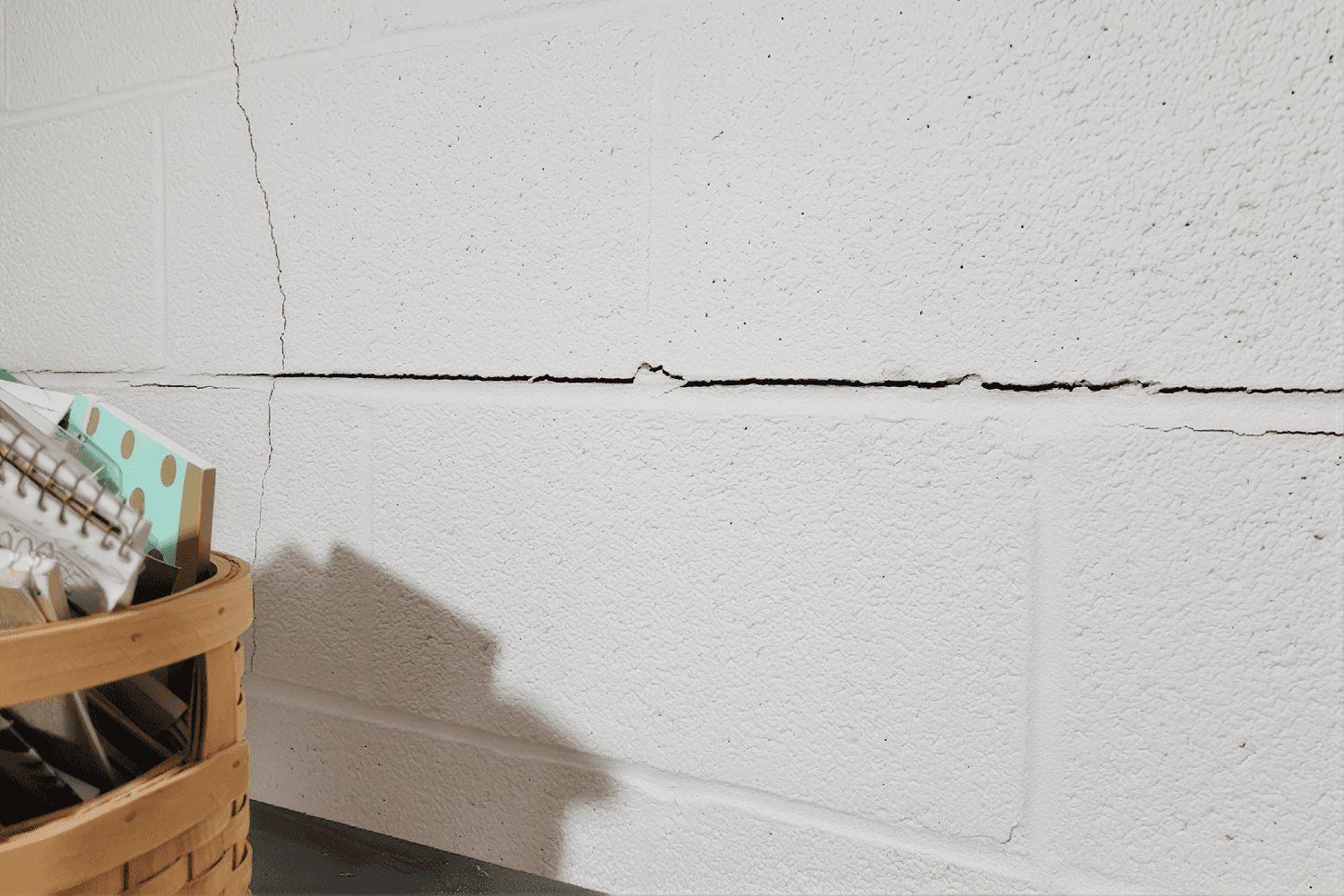 Cracked basement wall with visible horizontal seam and a wood basket holding papers and supplies in lower left corner.