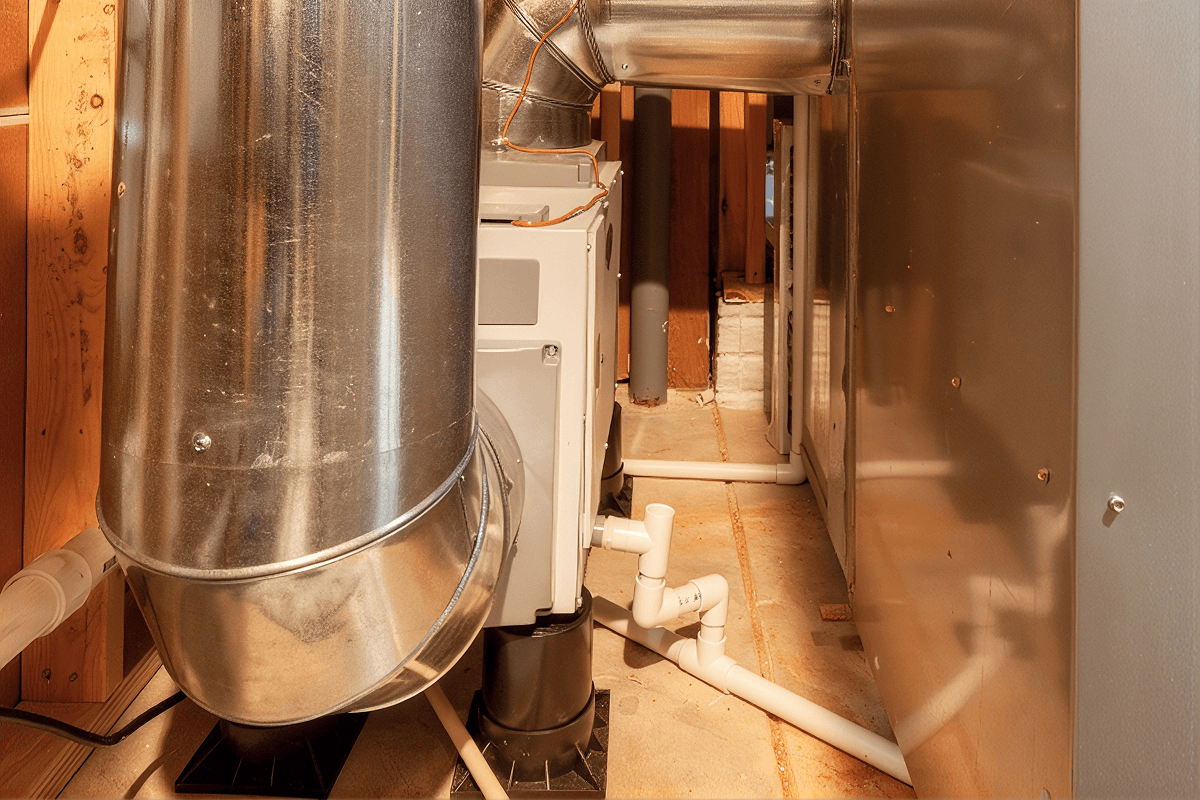 A humidifier and ventilation system in a basement crawl space.
