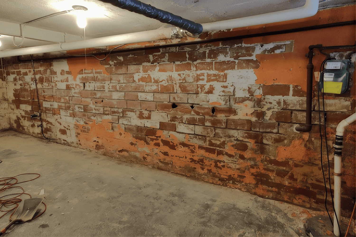 Basement foundation wall with deteriorating orange and white paint, exposed red brick, visible water damage and efflorescence, pipes along ceiling, electrical outlet on right side.