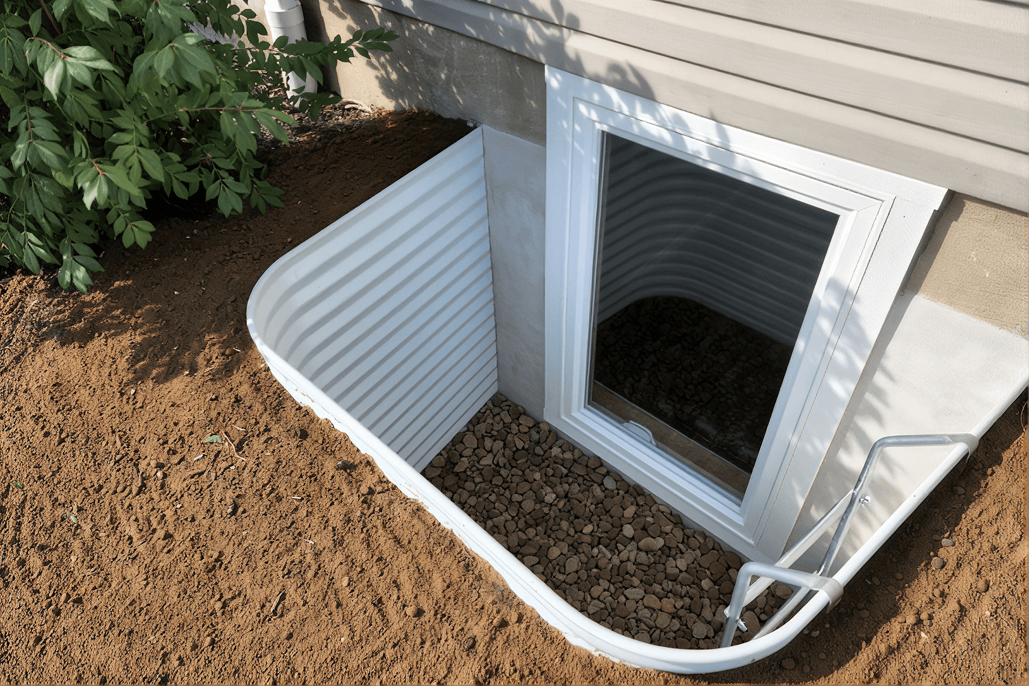 White metal basement egress window well with open cover and dark opening leading underground, set in brown soil next to house foundation.