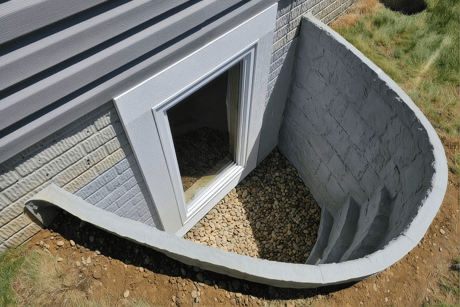 Basement egress window well with metal window frame and concrete walls filled with gravel.