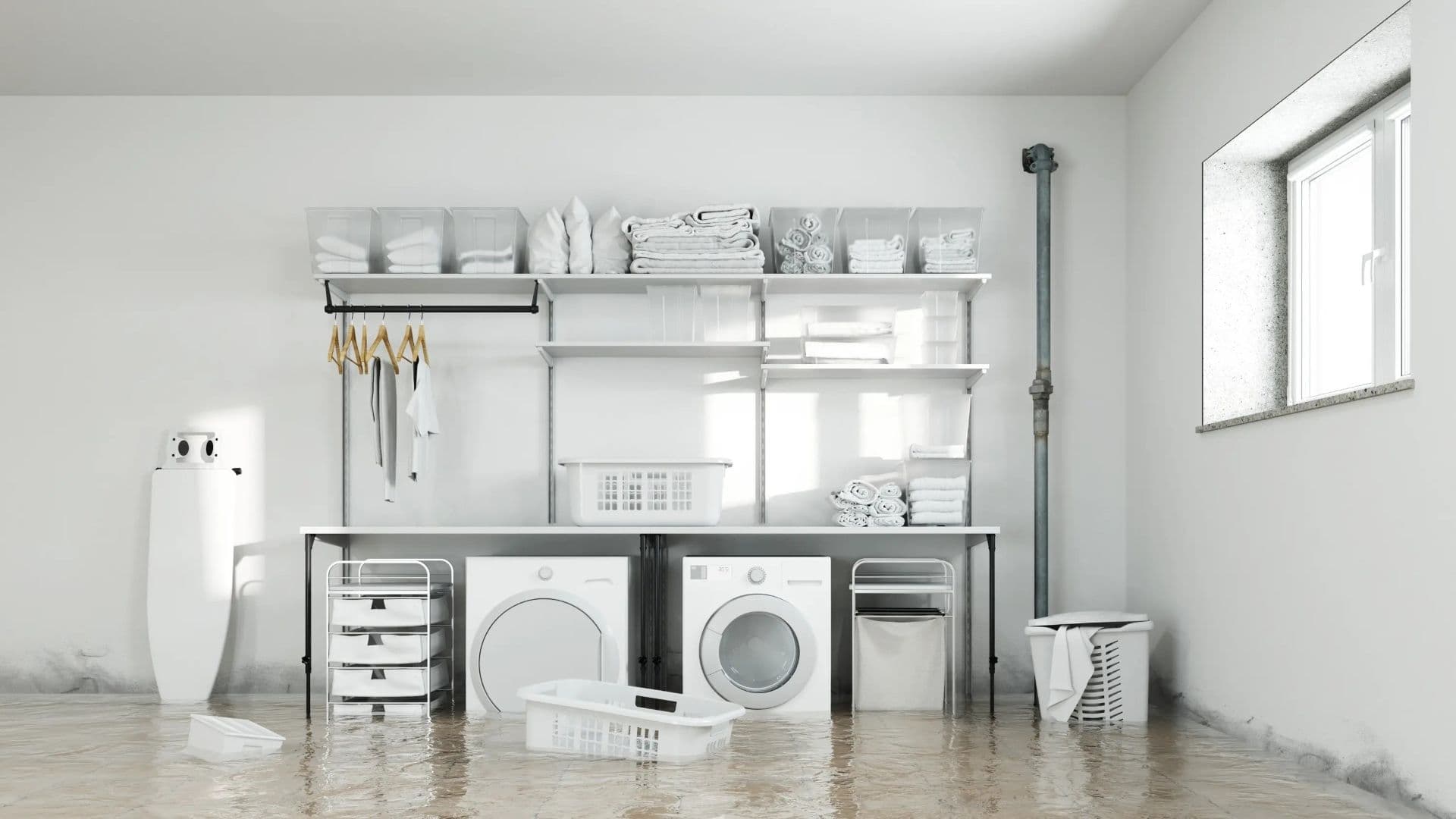 Organized laundry room with white shelving units above washer and dryer, storage baskets, folded linens, and cleaning supplies, with water damage on floor.