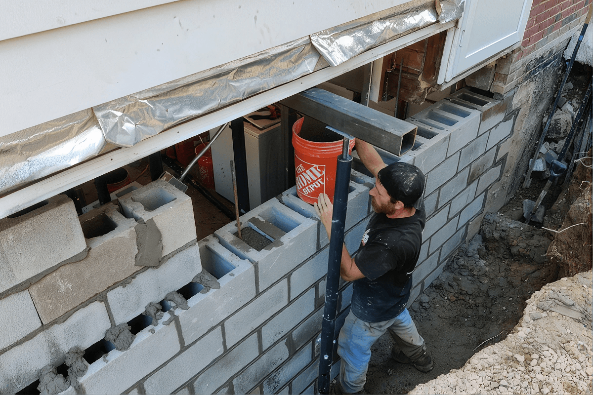 Worker accessing a foundation opening during home foundation repair project.