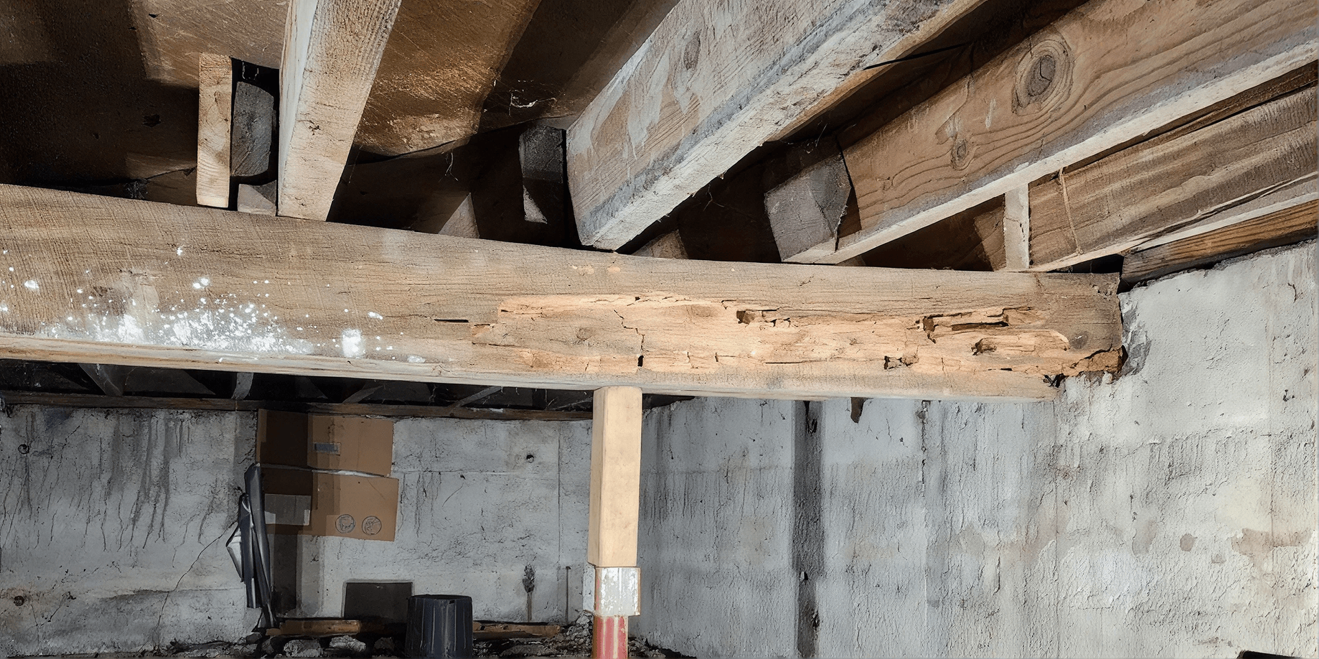 Basement ceiling showing wooden beams with visible rot and damage, concrete foundation walls below, and metal support brackets.