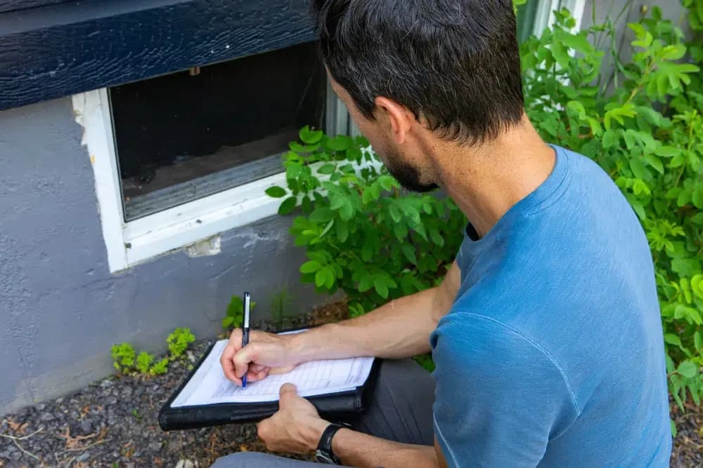 Inspector writing notes on clipboard while examining basement window well with overgrown vegetation