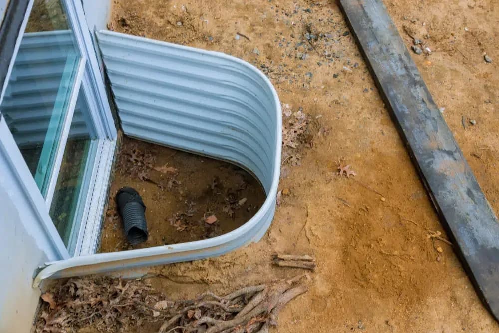 Metal basement egress window well with white frame and black drainage pipe installed in dirt ground beside foundation