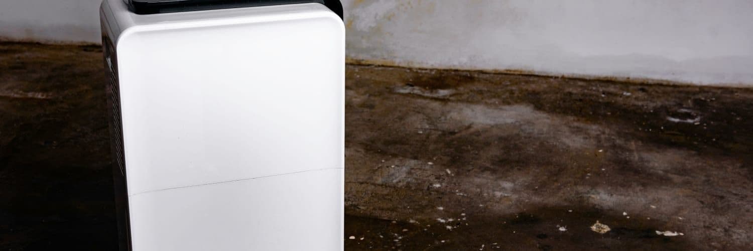 Portable dehumidifier unit with white front panel and black top vent sitting on wet basement floor against white wall