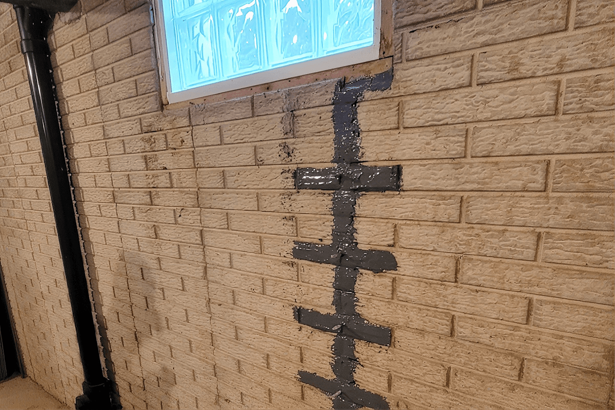 A crack in light tan brick basement wall that has been injected with a sealant below a window.
