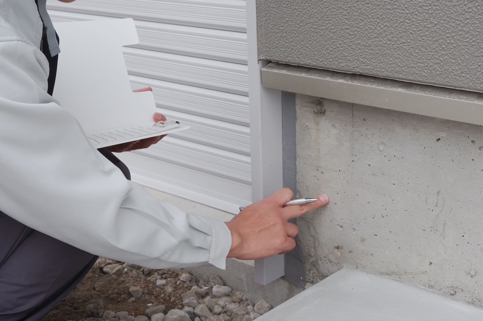 An inspector holding a clipboard and pen documents the condition of a concrete foundation next to a white metal trim.