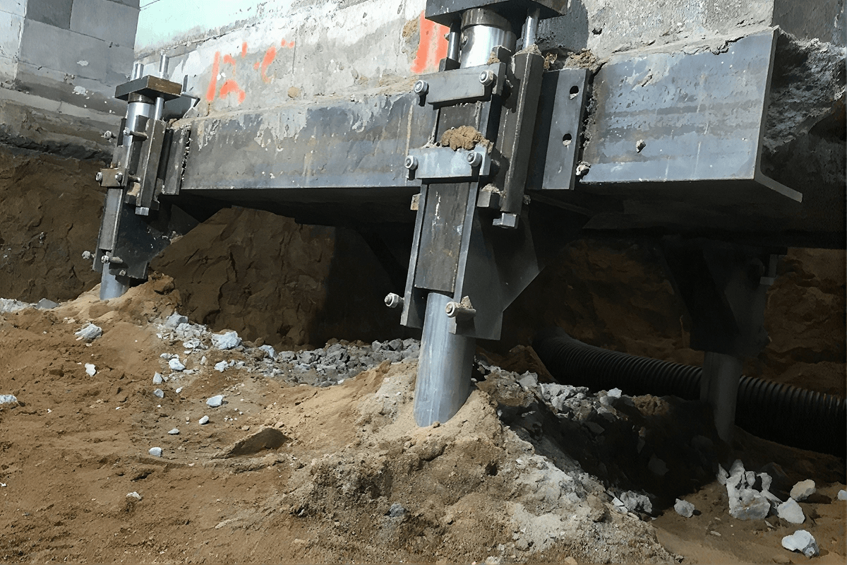 Push pier supports mounted on concrete foundation at construction site, surrounded by soil and debris.