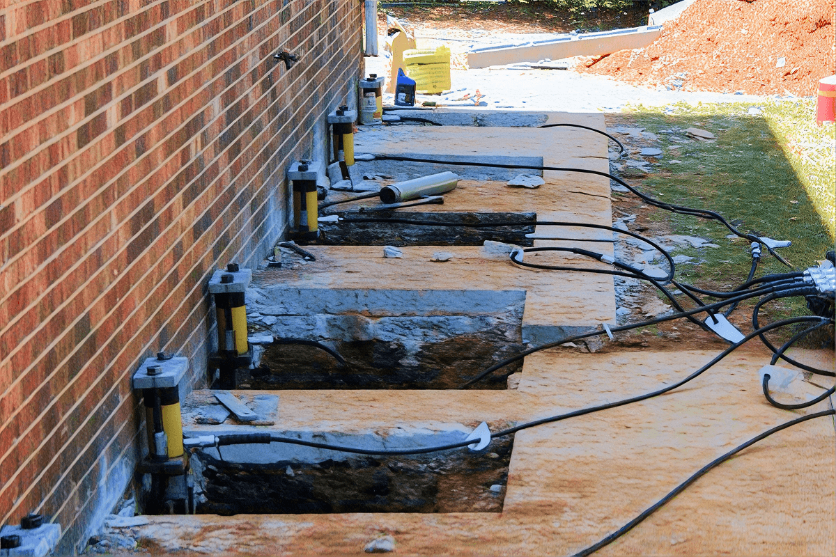 Foundation repair work in progress with push piers supporting a settling brick house, wooden shims inserted beneath the structure, and power cords running across the work site.