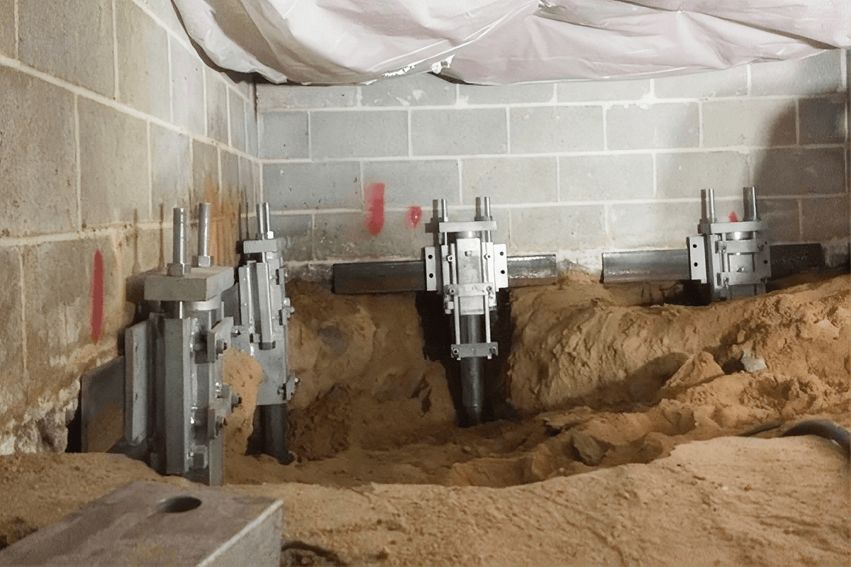 Basement foundation repair with adjustable steel support posts installed in sandy soil beneath concrete block walls.