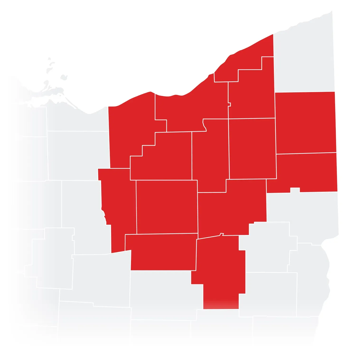 Map of Ohio showing counties highlighted in red, with white county boundary lines on a light gray background.