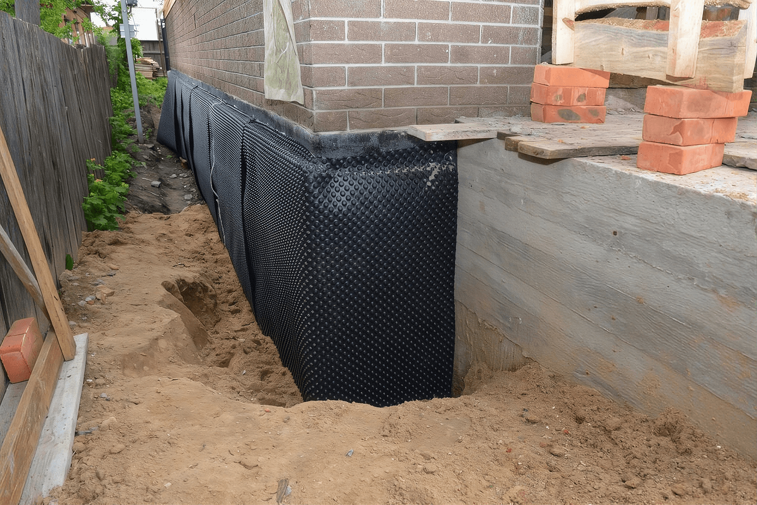 Foundation excavation with black waterproofing membrane installed along brick building wall and wooden forms, surrounded by soil and construction materials.