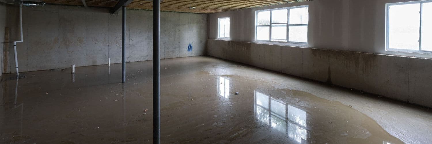 Empty basement with flooded concrete floor reflecting windows and support columns.