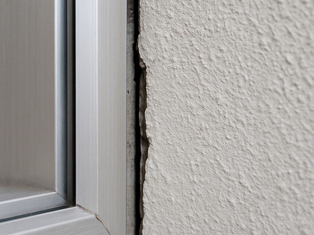 Close-up of gap between white window frame and textured concrete wall showing poor weatherproofing seal.