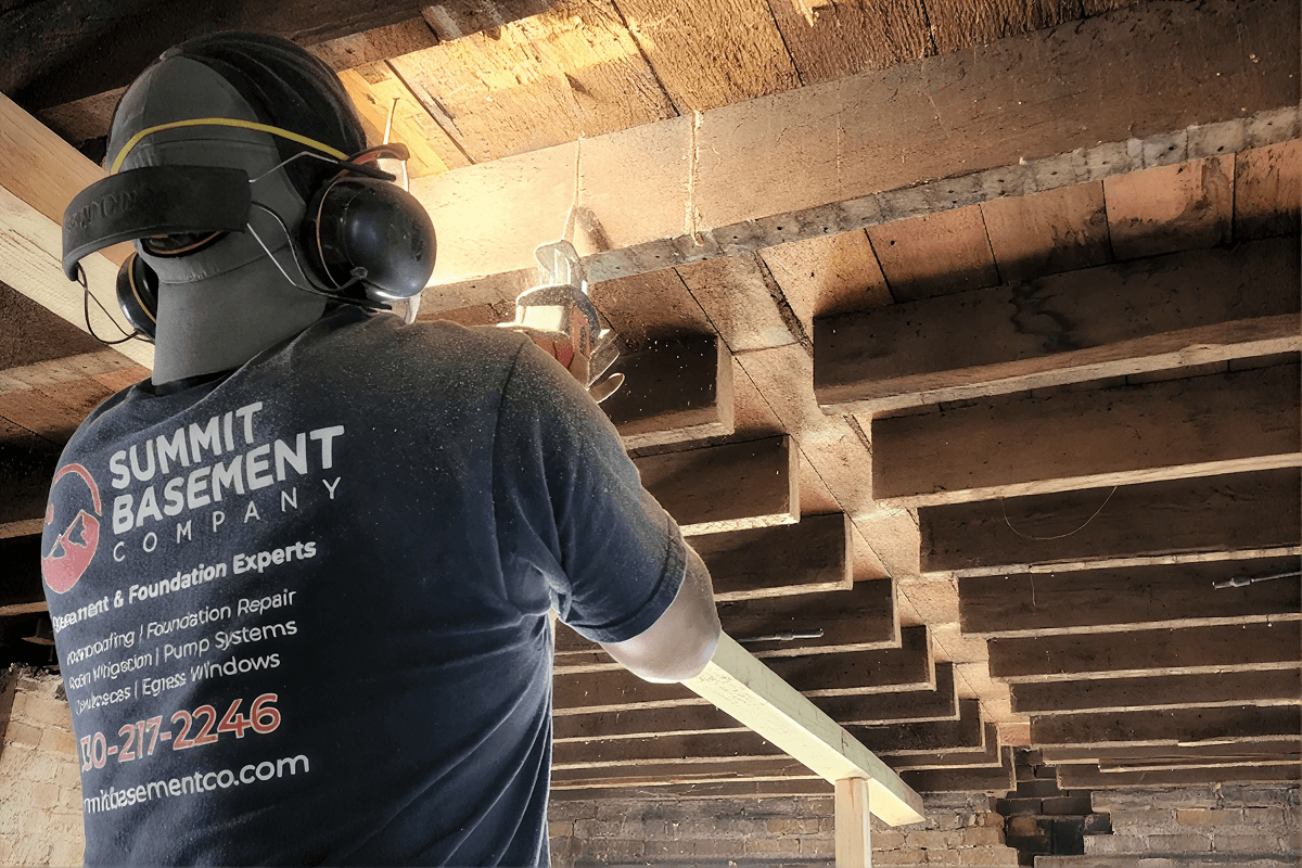 Worker from Summit Basement Company wearing safety gear works on wooden basement joists and beams.