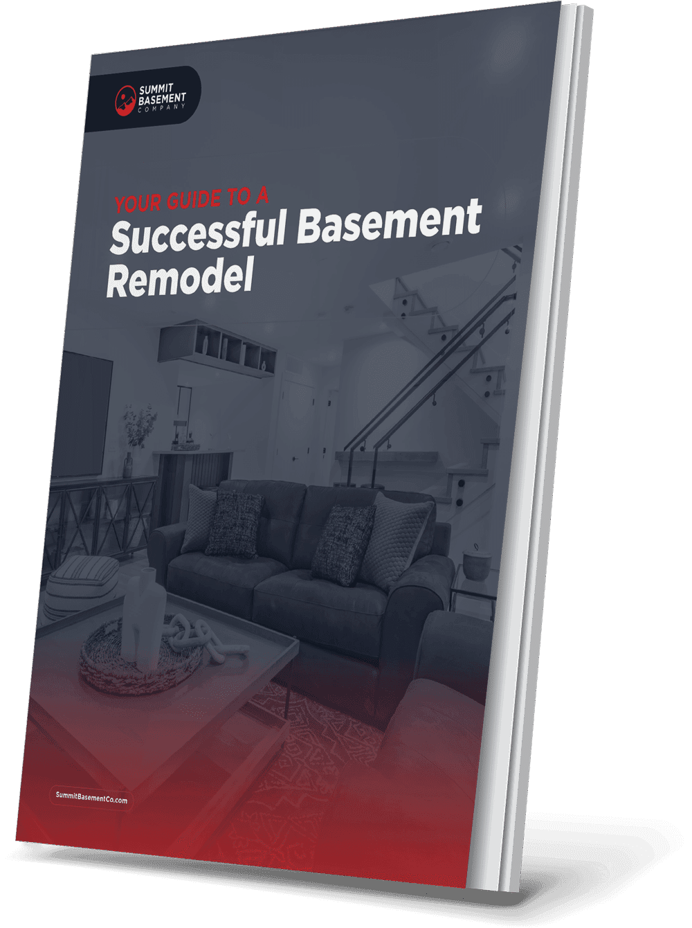 Summit Basement Company guide titled "Your Guide to a Successful Basement Remodel", featuring a finished basement with seating area and stairs.