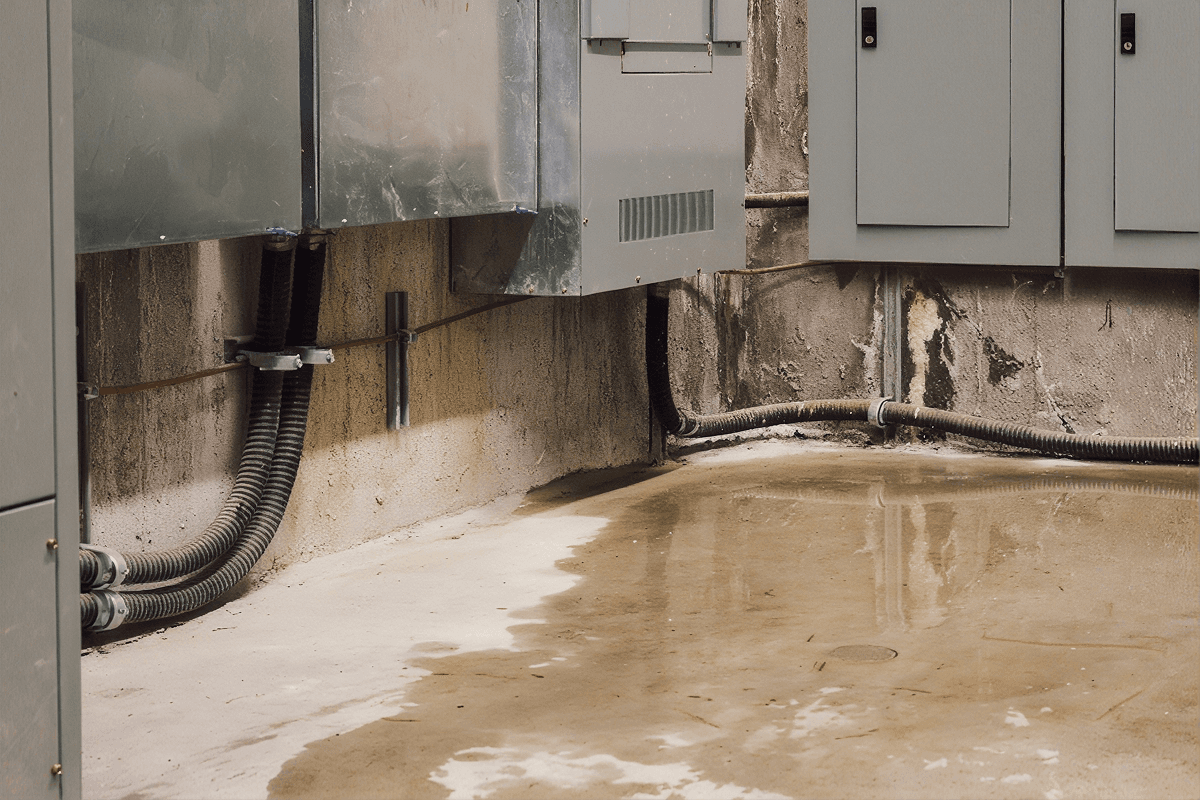 Basement wall with water pooling on concrete floor, flexible drain pipes, and mold growth on walls indicating moisture damage.