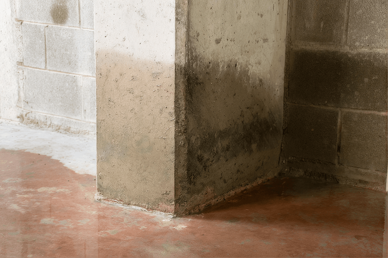Concrete basement wall corner with moisture stains and efflorescence on aged, dirty surfaces.